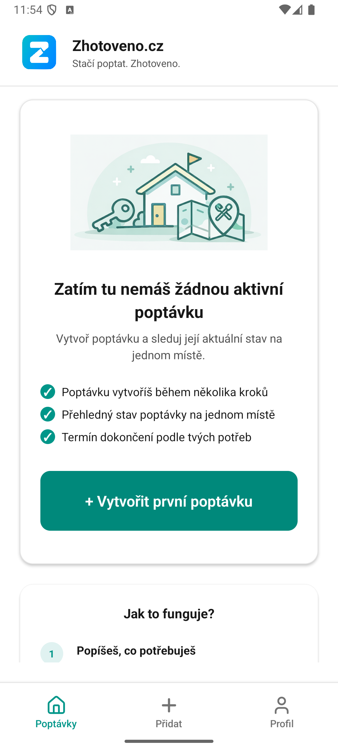 Android aplikace Zhotoveno: prázdný přehled poptávek s tlačítkem pro vytvoření první