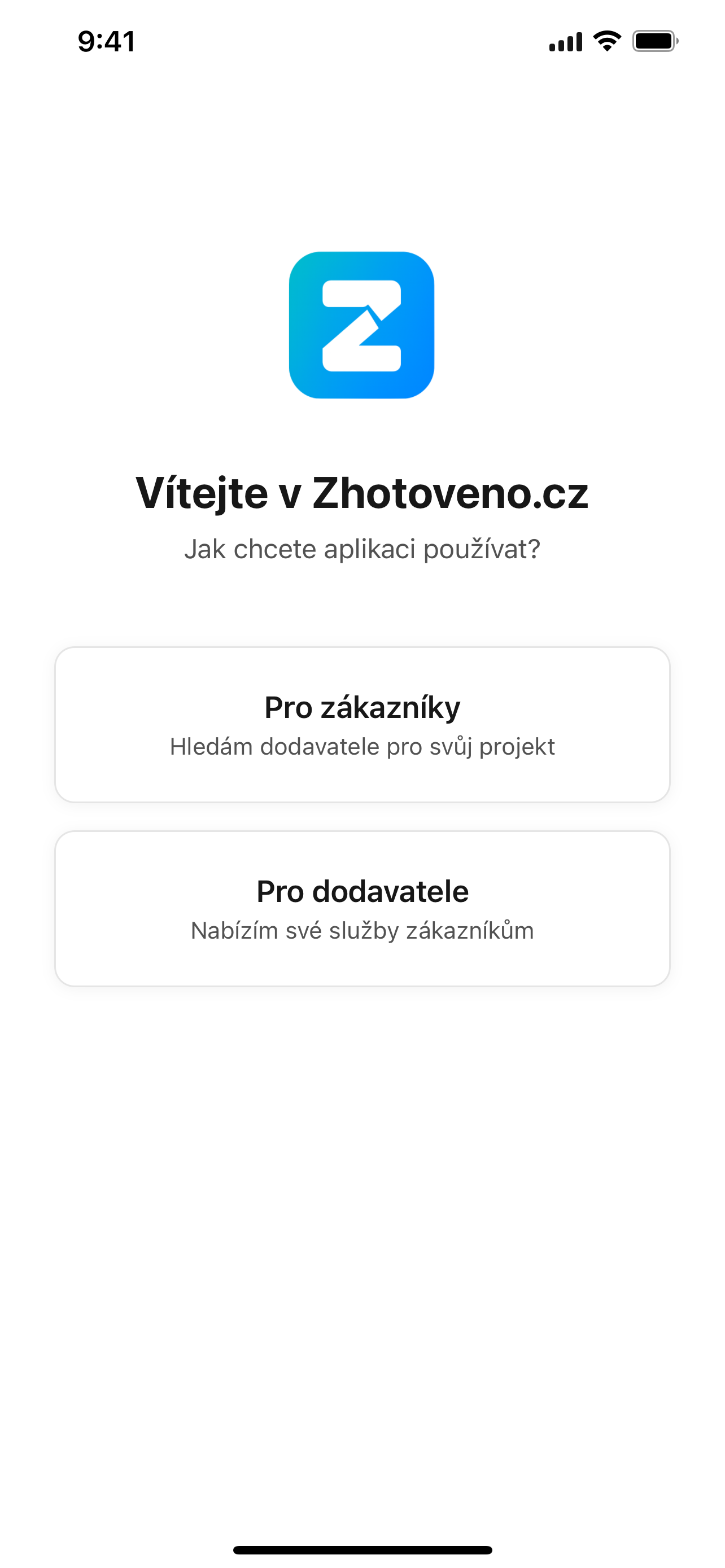 iOS aplikace Zhotoveno: volba mezi zákazníkem a dodavatelem
